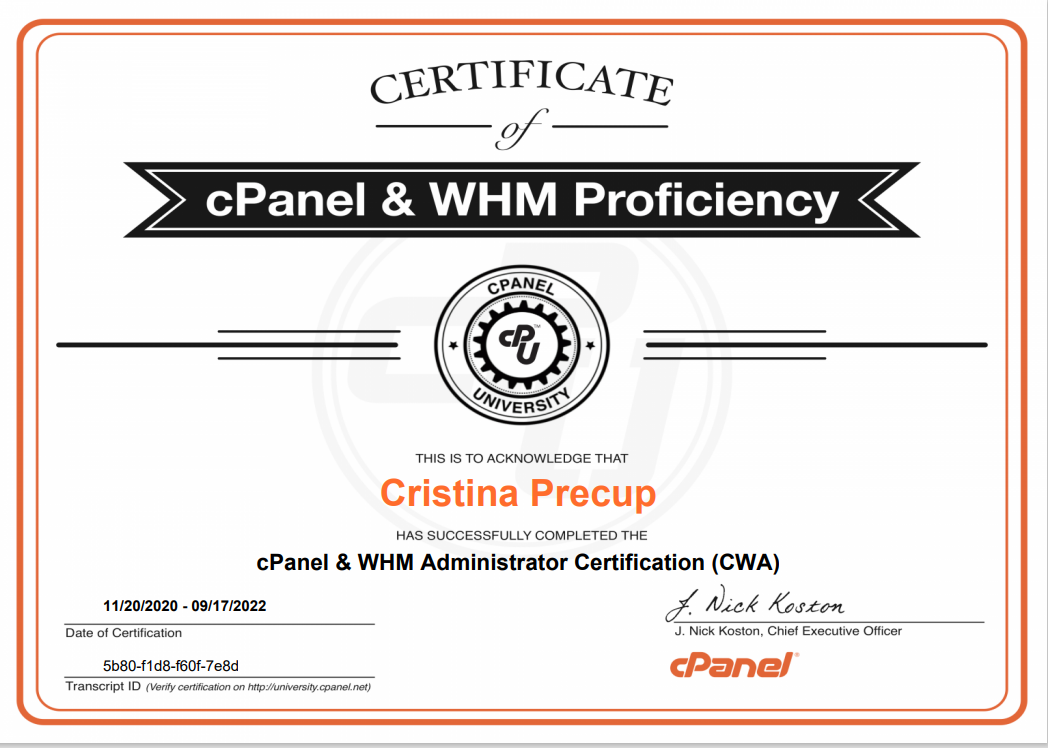 CWA_cPanel_WHM_Administrator_Certification_Cristina_Precup_efectRO