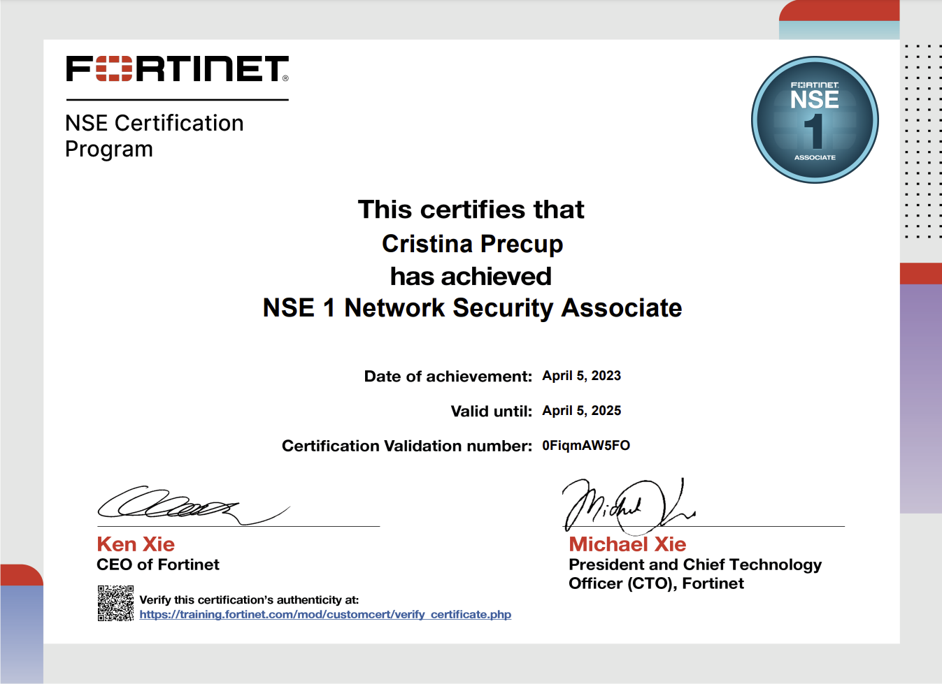 Certificat NSE1 Network Security Associate Fortinet - Precup Cristina