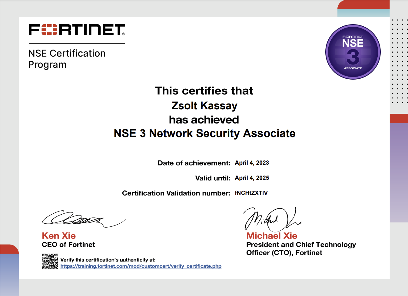 Certificat NSE3 Network Security Associate Fortinet - Kassay Zsolt
